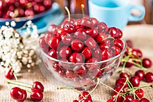 Sweet cherries in a glass bowl