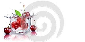 Sweet cherries inside ice cube. Closeup fresh cherry isolated on white. AI generated
