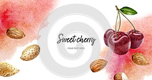 Sweet cherry almonds horizontal banner watercolor hand drawn illustration with watercolor splash background on white.