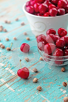 Sweet Cherry in Bowl on Rustic Table