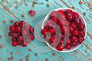 Sweet Cherry in Bowl on Rustic Table photo