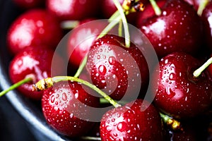 Sweet cherry close-up macro, lies on a plate in droplets of water. Antioxidant, natural, organic berry. Macro background