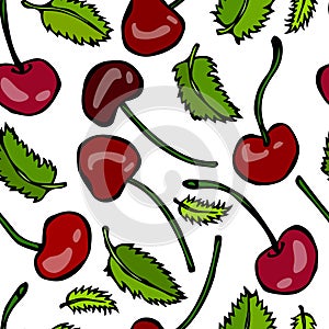 Sweet Cherry and Mint Leaves Seamless. Doodle Style Vector Design, Isolated on White Background.