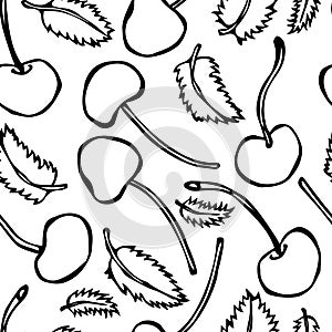 Sweet Cherry and Mint Leaves Seamless. Doodle Style Vector Design, Isolated on White Background.