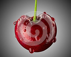 Sweet Cherry. One Cherry with water drops. Cherries Fresh juicy berries. Farm organic fruits. Super macro