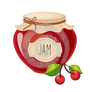 Sweet Cherry Red Jam Glass Jar Filled With Berry With Template Label Illustration