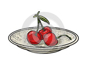 sweet cherry on saucer color sketch vector