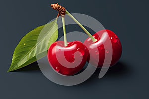 Sweet cherry with water drops on black background. 3d illustration