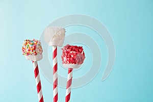 Sweet chewy marshmallow and lollipops on straw decorated with melted chocolate and cake sprinkles on blue. Holiday card.