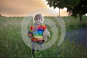 Sweet child, blond boy, playing in poppy field on a partly cloudy day, dramatic sky