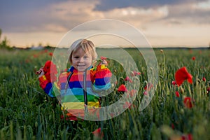 Sweet child, blond boy, playing in poppy field on a partly cloudy day, dramatic sky