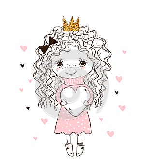 A sweet child hugs a big heart. Little princess in the crown, blank for greeting card, print, invitation, holiday. Hand