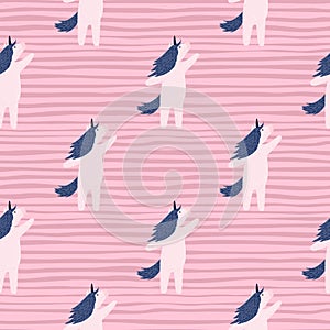 Sweet childish seamless pattern witth doodle blue and white unicorn shapes. Pink striped background