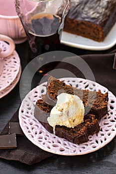 Sweet chocolate cola cake served with ice-cream