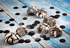 Sweet chocolate cookies on a blue plate