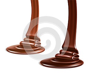 Sweet chocolate flows of milk and dark chocolate isolated on white background