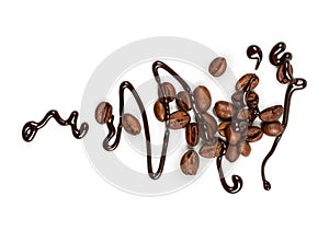 Sweet chocolate sauce and coffee beans on white