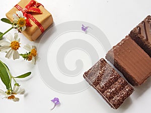 Sweet chocolates with gift box. Happy lovers day.Valentine`s day concept.