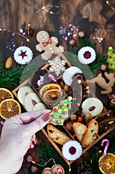 Sweet Christmas cookies in wooden box