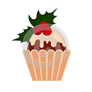 Sweet Christmas and New Year cupcake with berries. Confectionery in vector format isolated on white background. Creative