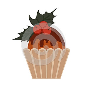 Sweet Christmas and New Year cupcake with berries. Confectionery in vector format isolated on white background. Creative
