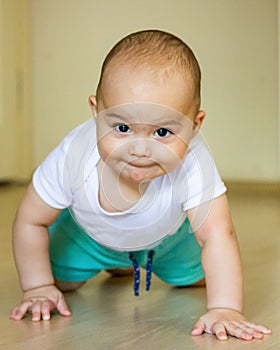 Sweet chubby baby learns to crawl on the floor