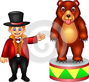 Sweet circus guide and bear cartoon in action with smile