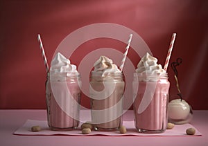 sweet cocktail cream retro pink glass milkshake drink beverage ice. Generative AI.