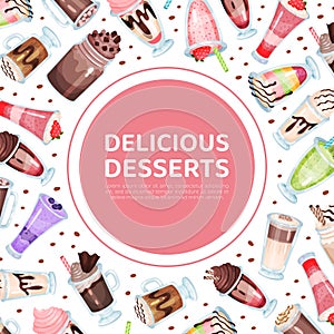 Sweet Cocktail and Milkshake as Drink of Blending Milk and Ice Cream with Flavoring Card Vector Template