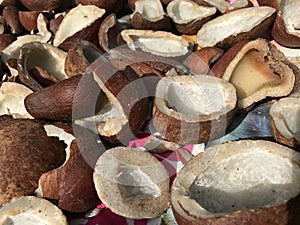 Sweet Coconut shells cut into half kept in direct sun light for dry process so that Coconut oil manufacturing step