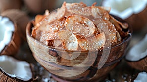 sweet coconut treats, crunchy sweet snack of toasted coconut chips sprinkled with cinnamon irresistible and delicious