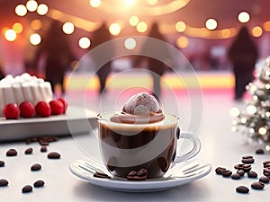 Sweet coffee and dessert are shown against a bokeh-ed ice rink background.