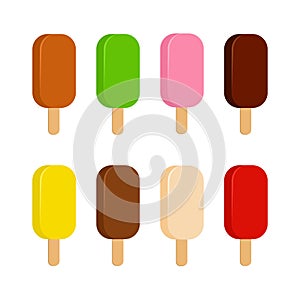 Sweet cold ice cream set and tasty frozen ice cream collection delicious. Chocolate, milk icecream. ice lolly