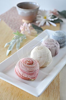 Sweet Color Mooncake Pastry on White Plate