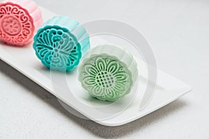 Sweet color of snow skin mooncake on plate