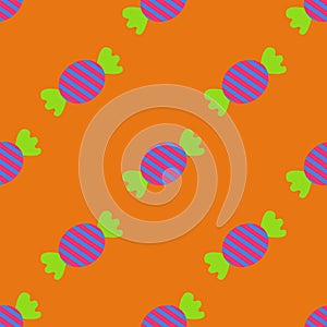 Sweet colorful candies flat icon set isolated vector illustration on orange background. Seamless candy pattern