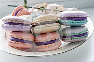 Sweet and colorful french macaroons or macaron in ceramic white