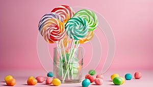 Sweet colorful lollypops with green background. photo