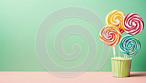 Sweet colorful lollypops with green background. photo