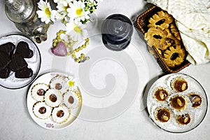 sweet cookies named dziriettes and kaak tlemcen is dry cookies, heart shaped chocolate