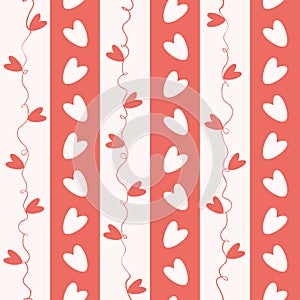 Sweet coral and white doodle hearts seamless vector pattern on geometric striped background