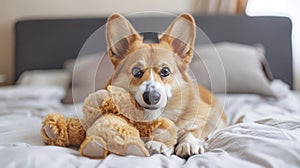 Sweet corgi brings cherished toy to happily engage in playtime with beloved human companion photo