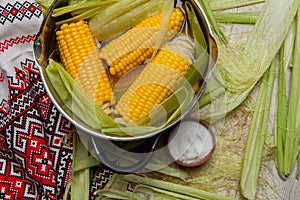 Sweet corn boil with salt. cooked sweet corn in pot on wooden table.