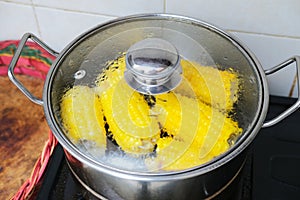 Sweet corn boiled inside a pan