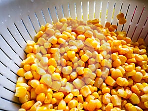 Sweet corn in cullender drained.