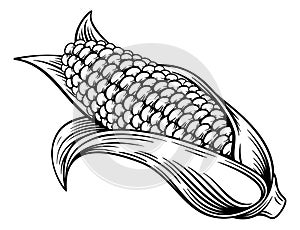 Sweet Corn Ear Maize Woodcut Etching Illustration photo