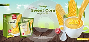 Sweet corn soup Vector realistic. Product placement mock up. Green fields background. 3d illustrations