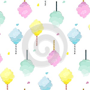 Sweet cotton candy pattern. Cute food texture. Dessert kids decoration with light pink, mint, blue and yellow sugar