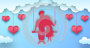 Sweet couple boy and girl swing romance silhouette for valentine`s day greeting card template. paper cut style illustration