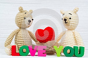 Sweet couple teddy bear doll in love with Love text and red knit